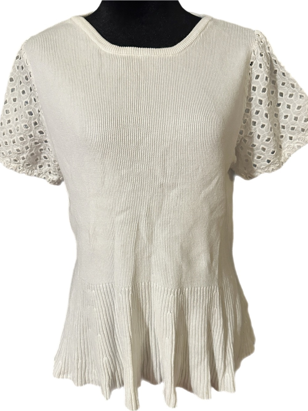 Joseph A White Knit Top with Eyelet Puff Sleeves